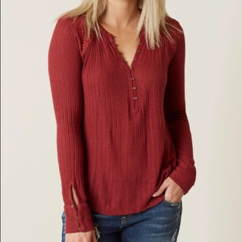 Lucky Brand Embroidered Drop Needle Henley Top